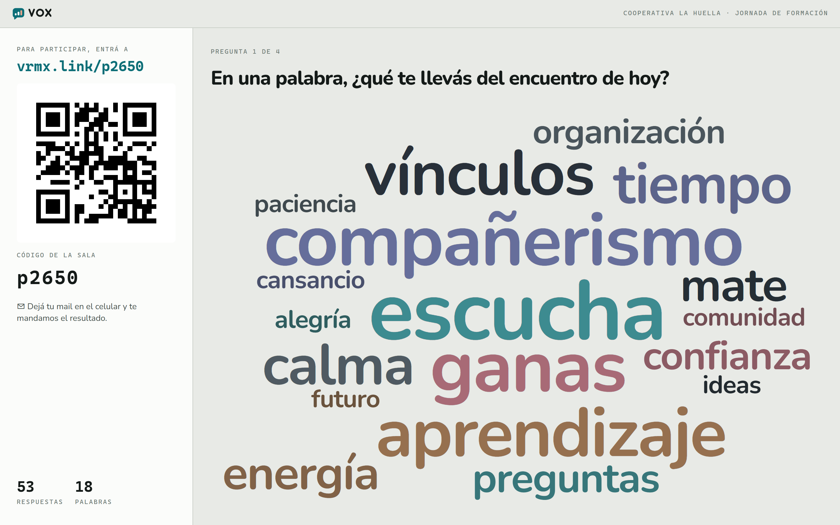 La pantalla de Vox con una nube de palabras: escucha, compañerismo, ganas y aprendizaje, las más grandes